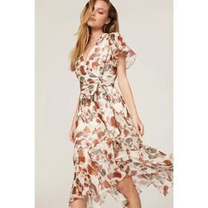 Tanya Taylor Blaire Floral Midi‎ Wrap Dress Brown Cream Linen Silk Sz 0